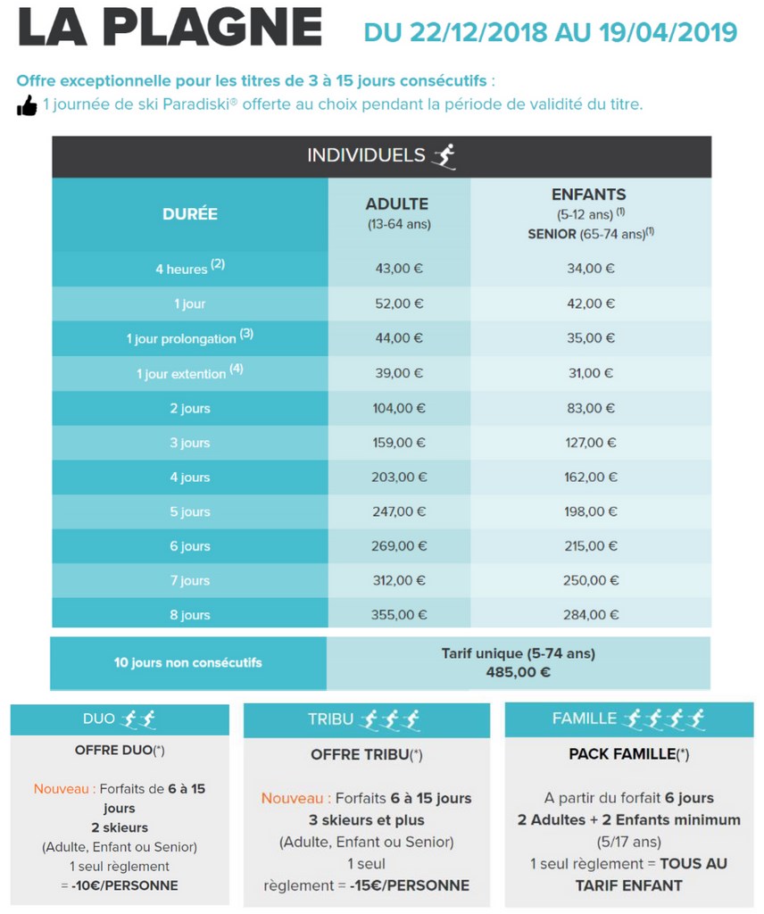 tarifs domaine de la plagne